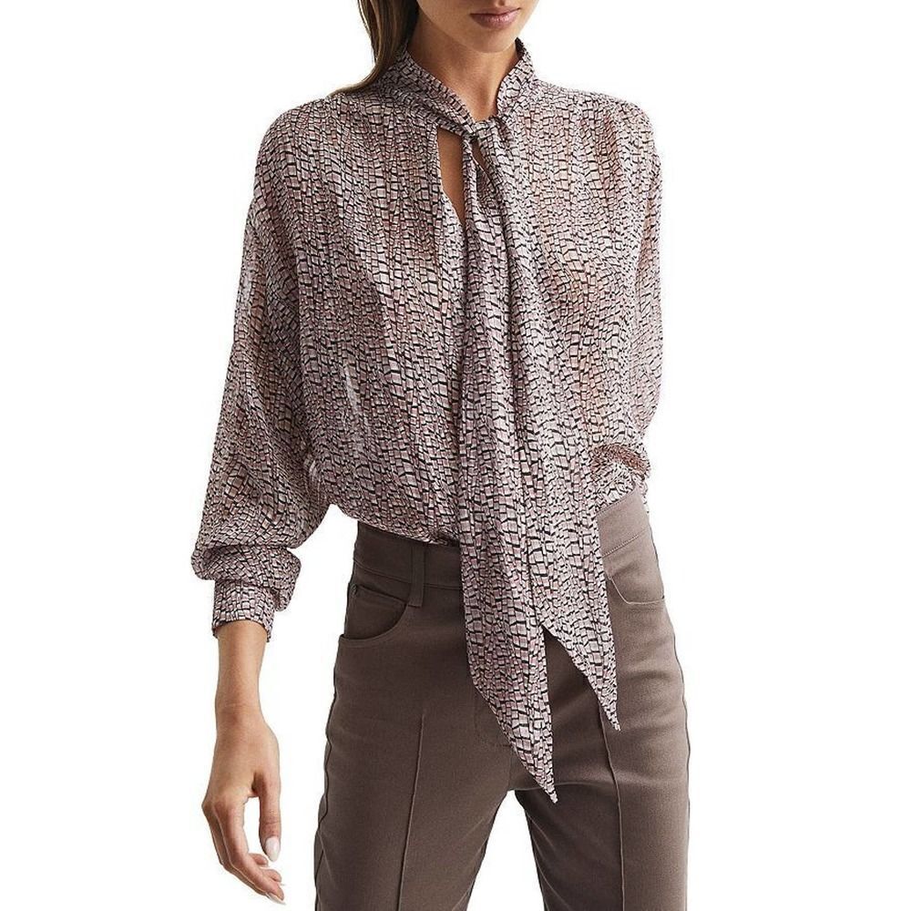 REISS Pink Chiffon Button front long sleeve tie collar metallic trim blouse US 6